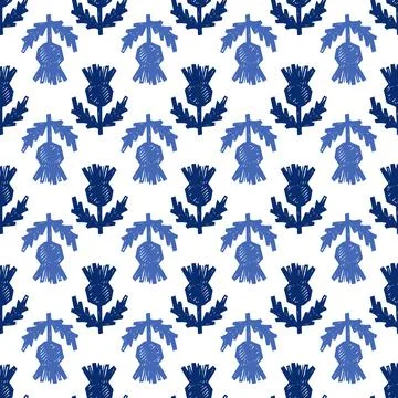 Seamless pattern with hand-drawn blue scottish thistle flowers Stock Illustration