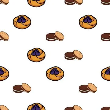 Seamless pattern with hand drawn blueberry danish pastries and chocolate sa.. Stock Illustration