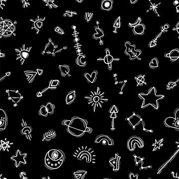 Seamless pattern with hand drawn boho elements. Magic.  Ethnic style. Tatto.. Stock Illustration