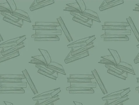 Seamless pattern of hand-drawn book stacks and open books in teal backgroun.. Stock Illustration