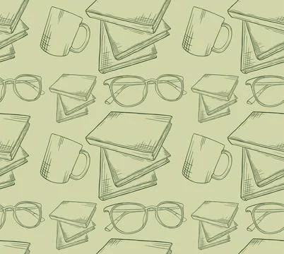 Seamless pattern with hand-drawn books, coffee mugs, and glasses on a light.. Stock Illustration