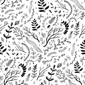 Seamless pattern. Hand drawn branches and leaves. Stock Illustration