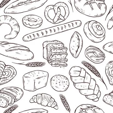 Seamless pattern with hand drawn bread, doodle vector illustration isolated. Stock Illustration