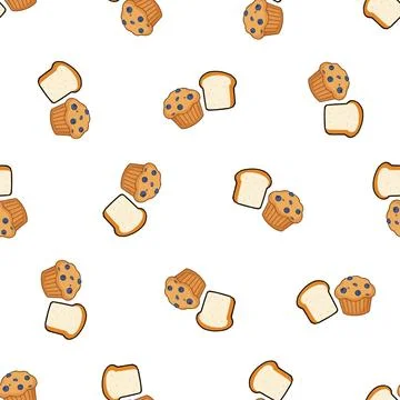 Seamless pattern with hand drawn bread and muffins on white background. Illustrazione stock