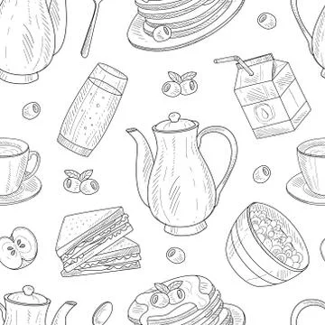 Seamless Pattern with Hand-drawn Breakfast Elements in Vector Illustrazione stock
