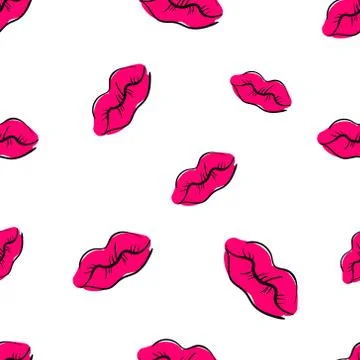 Seamless pattern with hand drawn bright lips. Doodle picture with kisses Stock Illustration