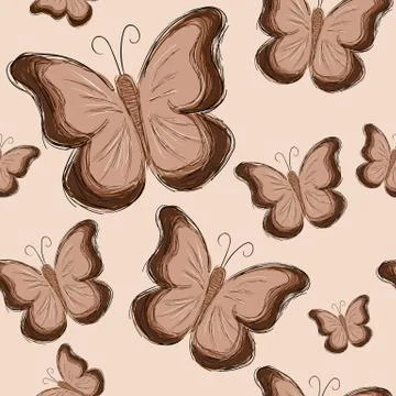 Seamless pattern with hand drawn brown butterfly. Stock Illustration