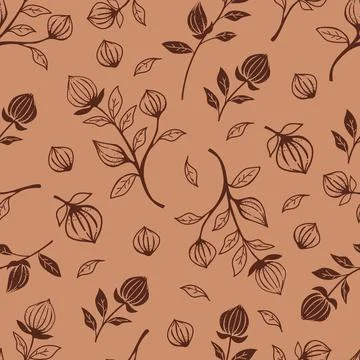 Seamless Pattern Hand Drawn Brown Flowers, Branches, and Leaves Botanical o.. Stock Illustration