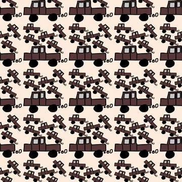 Seamless pattern of hand drawn brown pickup truck Stock Illustration