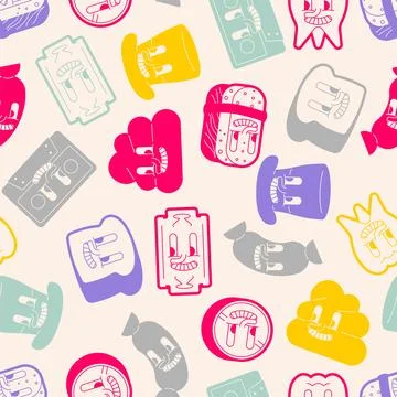 Seamless pattern with hand-drawn business icons: bread, robots, hearts, and.. Stock Illustration
