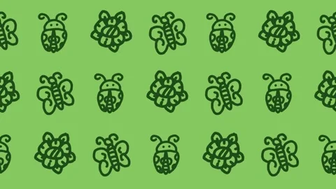 Seamless pattern of hand-drawn butterflies, spotted ladybugs, blooming flower Stock Footage 336555551