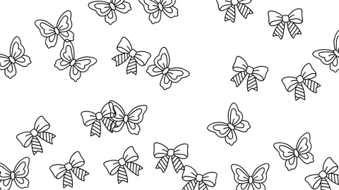 Seamless Pattern of Hand Drawn Butterflies and Ribbon Bows Line Art Illustration Stock Footage 345539154