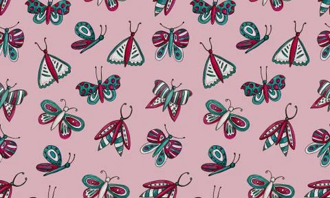 Seamless pattern with hand drawn butterflies Illustrazione stock