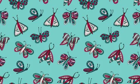 Seamless pattern with hand drawn butterflies Illustrazione stock