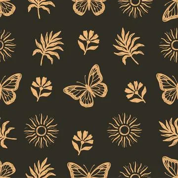 Seamless pattern with hand-drawn butterflies, suns, and tropical leaves Stock Illustration