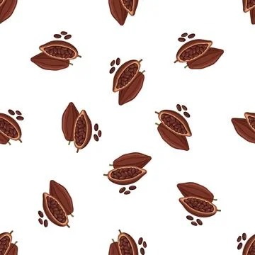 Seamless pattern with hand drawn cacao pods and beans. Stock Illustration