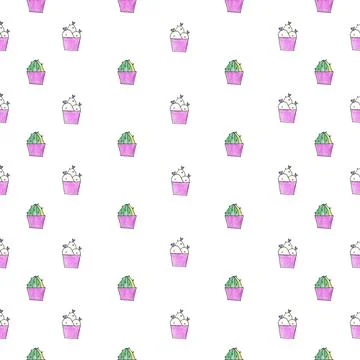 Seamless pattern of hand drawn cacti illustration made with colored pencils 스톡 일러스트