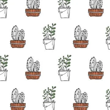 Seamless Pattern Hand Drawn Cactus in Wooden Pot and Succulent in Bucket Sk.. Stockillustratie