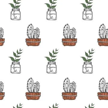 Seamless Pattern Hand Drawn Cactus Wooden Pot and Plant in Mason Jar Sketch.. Иллюстрация