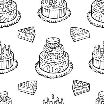 Seamless pattern with hand drawn cakes on white background Illustrazione stock