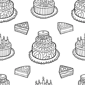Seamless pattern with hand drawn cakes on white background. Seamless patte... Stock Photos
