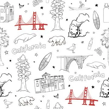 Seamless pattern with Hand-drawn California themed illustration with iconic.. 스톡 일러스트