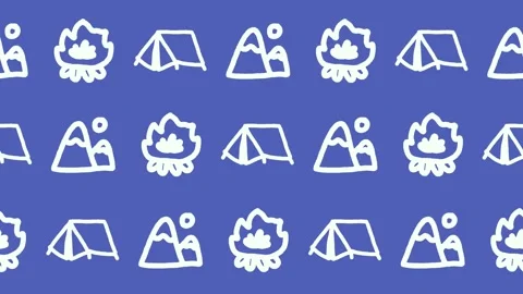 Seamless pattern of hand-drawn camping tents, mountains, and campfires Stock Footage 335945228