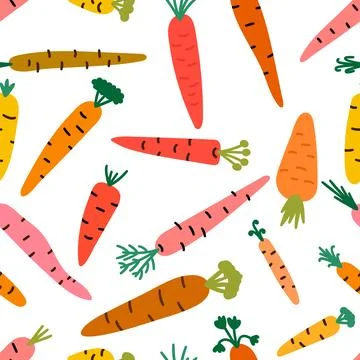 Seamless pattern with hand drawn carrots. Cartoon vegetables. Vegetarian or.. Stock Illustration