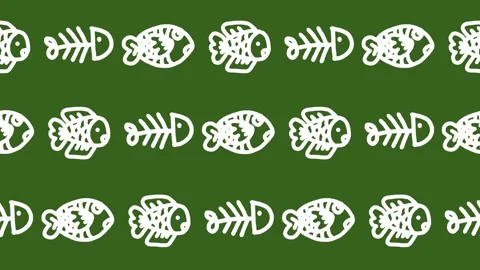 Seamless pattern of hand-drawn cartoon fish and fish bone skeletons Stock Footage 336439913