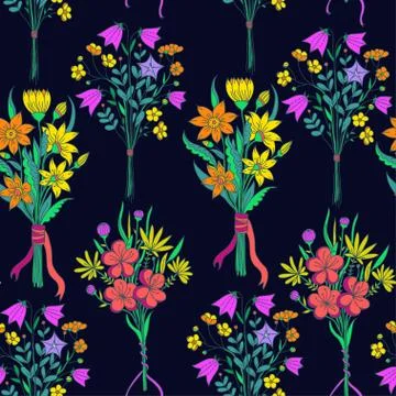 Seamless pattern with hand drawn cartoon cute minimalist floral bouquets 스톡 일러스트