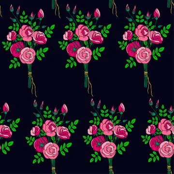 Seamless pattern with hand drawn cartoon cute minimalist rose bouquets イラスト素材