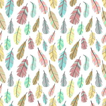 A seamless pattern of hand-drawn cartoon feathers in a Boho style. Vector ima Stock Illustration
