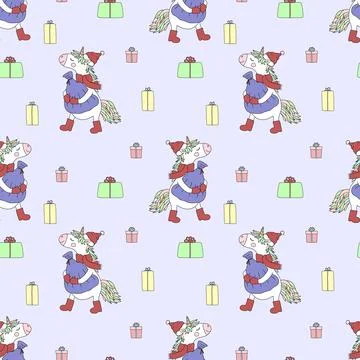 Seamless pattern of hand-drawn cartoon unicorn in a cap and a scarf with a ba Stock Illustration