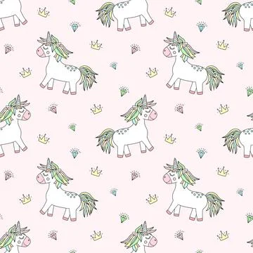 Seamless pattern of hand-drawn cartoon magical unicorns with diamonds and cro Stock Illustration