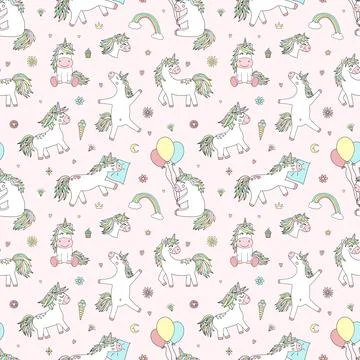 Seamless pattern of hand-drawn cartoon magical unicorns with diamonds, hearts Stock Illustration