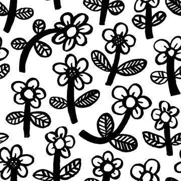 Seamless pattern with hand drawn cartoon flowers. Stock Illustration