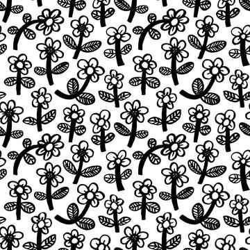 Seamless pattern with hand drawn cartoon flowers. Illustrazione stock
