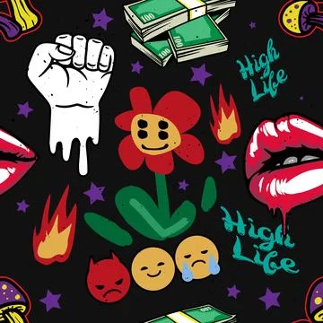 Seamless pattern with hand drawn cartoon elements for streetwear print Stockillustratie