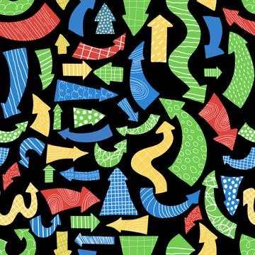 Seamless pattern with Hand Drawn Cartoon colorful arrows on black backgroun.. Stock Illustration