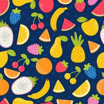 Seamless pattern with hand drawn cartoon fruit. Summer tropical healthy foo.. Stock Illustration