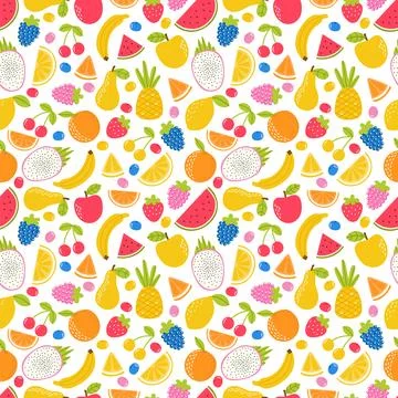 Seamless pattern with hand drawn cartoon fruit. Summer tropical healthy foo.. Stock Illustration