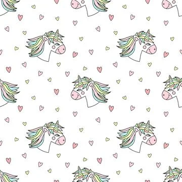 Seamless pattern of hand-drawn cartoons cute unicorns with hearts. Vector bac Stock Illustration