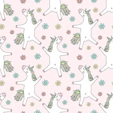 Seamless pattern of hand-drawn cartoony smiling unicorns with flowers. Vector Stock Illustration