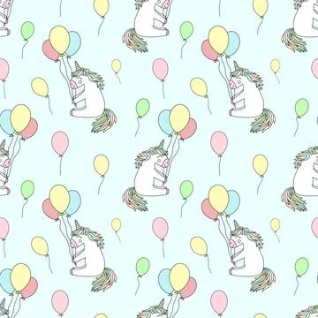 Seamless pattern of hand-drawn cartoony smiling unicorns with balloons. Vecto Stock Illustration
