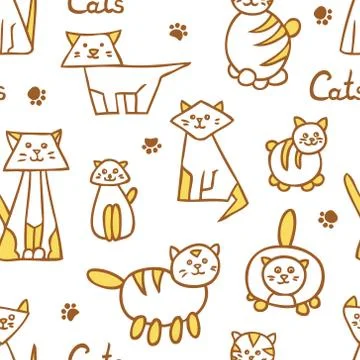 Seamless pattern with hand drawn cats on white background Illustrazione stock