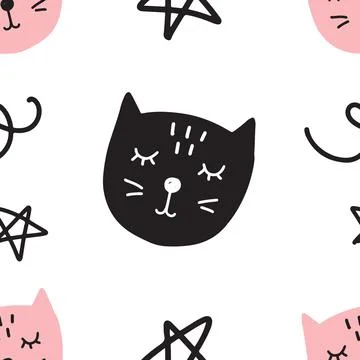 Seamless pattern with hand drawn cats and fish bones Stock Illustration