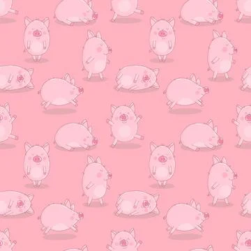 Seamless pattern of hand-drawn cheerful pigs on an isolated pink background.  Stock Illustration