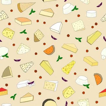 Seamless pattern with hand drawn cheese, basil and cherry tomatoes. Stock Illustration