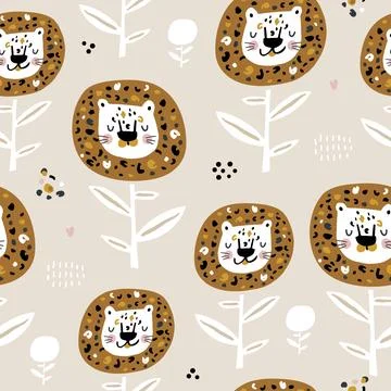 Seamless pattern with hand drawn cheetah flowers. Stock Illustration