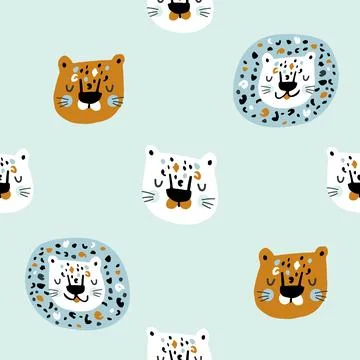 Seamless pattern with hand drawn cheetah heads. Stock Illustration